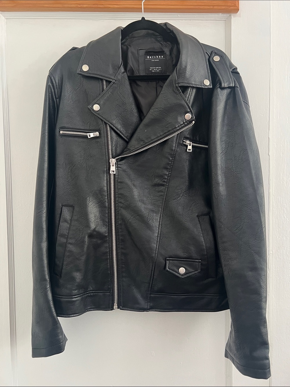 Bershka Black Faux Leather Moto Jacket with Silver Hardware